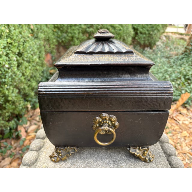 19th Century English Regency Leather Box. Offered is a large handsome antique English Regency embossed leather box with...