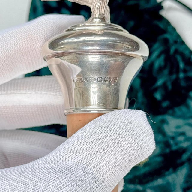 Antique Sterling Silver Pheasant Bottle Stopper | English Hallmarked Cork Wine Topper with Velvet Pouch For Sale - Image 4 of 5