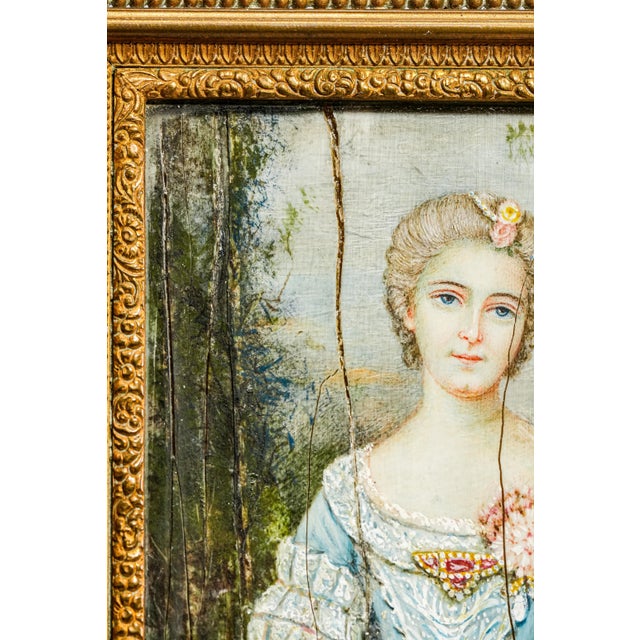 Wood Early 19th Century Charming French Neoclassical Antique Portrait Miniature Painting Woman Blue Dress Luxury Home Decor For Sale - Image 7 of 16