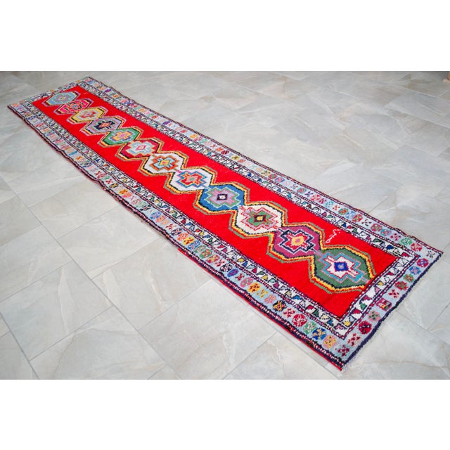 Turkish Hand-Knotted Runner Rug Bold Colors Hallway Rug - 2′8″ × 11′9″ For Sale - Image 9 of 14