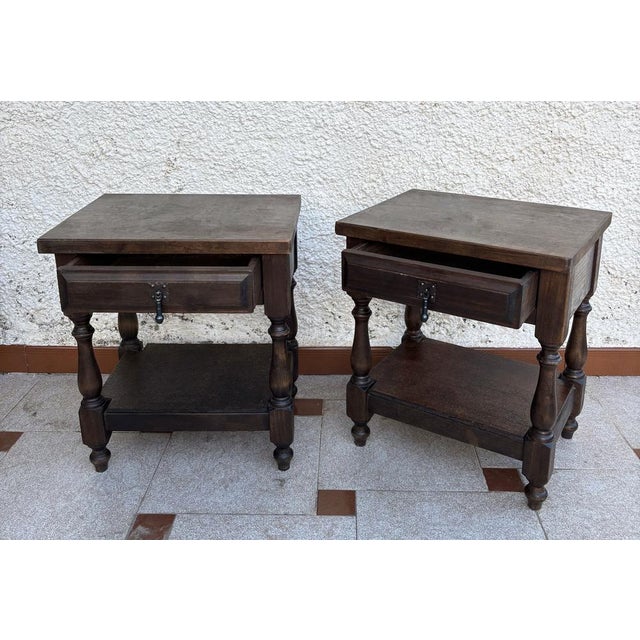 Brown Spanish Castilian Bedside Tables in Wood, 1940s, Set of 2 For Sale - Image 8 of 12