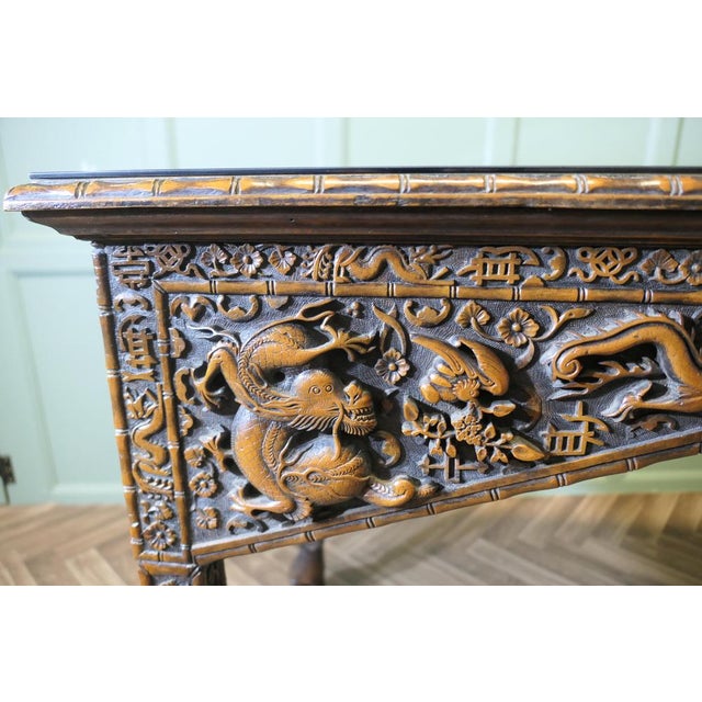 Black Long Chinoiserie Carved Console Table For Sale - Image 8 of 11