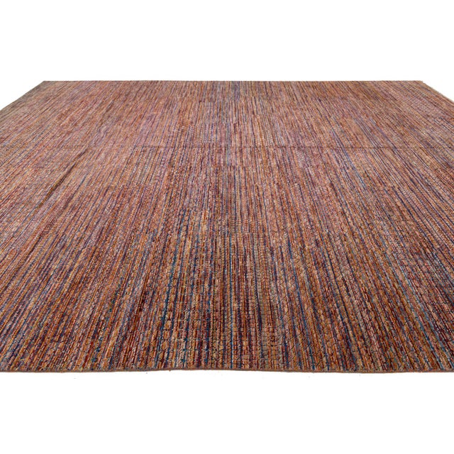 Sunset Ember: Modern Indian Savannah Hand-Knotted Striped Wool Area Rug 13x17 For Sale - Image 4 of 10