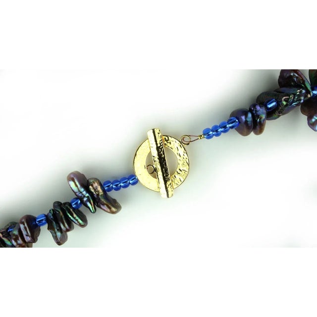 2010s 27 Inch Iridescent, Triangular Bronze-Green Pearl Necklace June Birthstone For Sale - Image 5 of 8