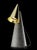 Table lamp with grey stone base and conic brushed brass lightshade. European Plug (up to 250V).