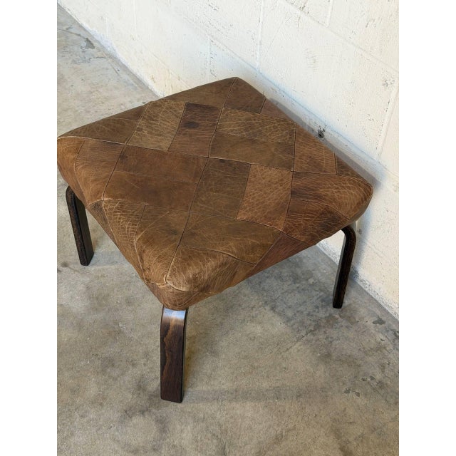 1970s Brown Leather Patchwork Square Ottoman Danish Mid-Century Modern 1970s For Sale - Image 5 of 10