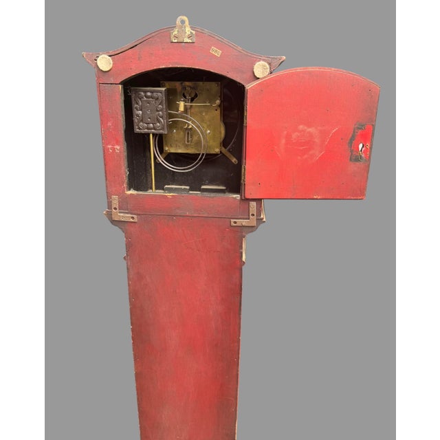 Paint Antique 1920s English Chinoiserie Grandmother Clock Red Lacquer 50.5” Longcase For Sale - Image 7 of 12