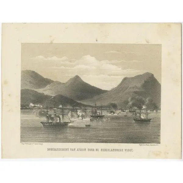 Antique print Indonesia titled 'Bombardement van Atchin door de Nederlandse Vloot'. Antique print depicting a military...
