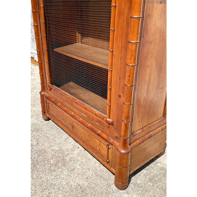 Vintage Coastal Carved Bamboo Wire Front Armoire For Sale - Image 10 of 11