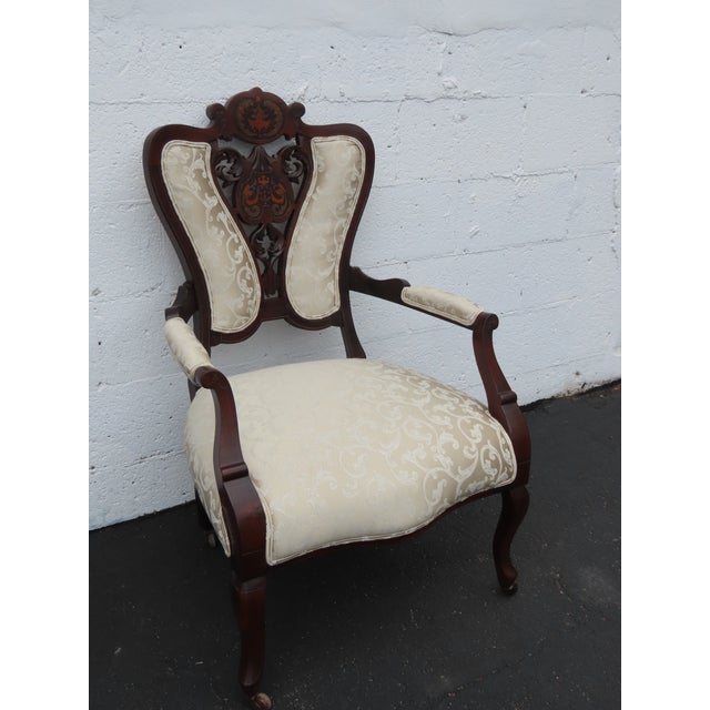 Victorian Late 1880s Carved Inlay Side Chairs a Pair 6643 For Sale - Image 13 of 17
