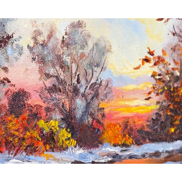 Burnt Orange Vintage Original Oil Painting H. Robinson Winter Sunset Landscape Signed Framed For Sale - Image 8 of 11