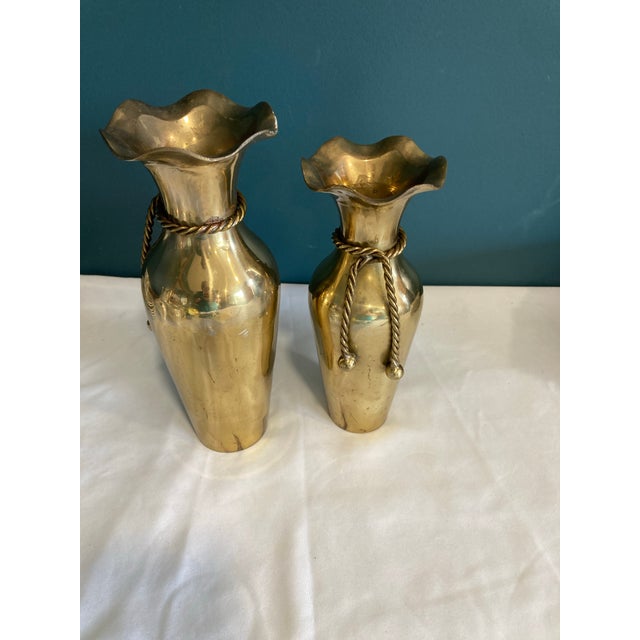 Metal Vintage Brass Rope and Tassel Vases- Set of 2 For Sale - Image 7 of 8