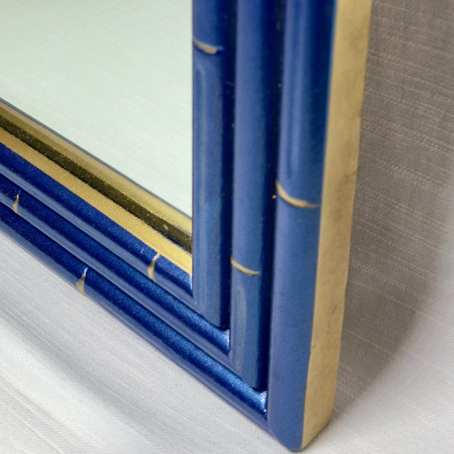 Dixie Furniture Co. Chic Vintage Palm Beach Regency Medium Faux Bamboo Wall Mirror Newly Painted Blue With Hand Gilt Accents For Sale - Image 4 of 12