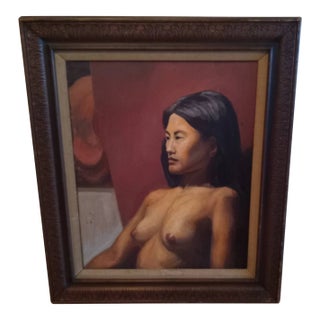 Vintage Oil Painting of Lady on Canvas in a Vintage Solid Wood Hand Carved Frame For Sale