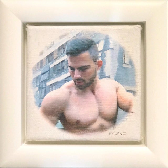 This intimate oil and pencil painting captures a moment of vulnerability, depicting a young man in a contemplative pose...