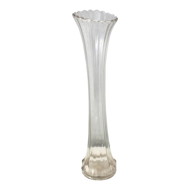 Early 20th Century Fostoria 1002 Clear Glass Swung Vase Scalloped Rim Ribbed Body Starburst Base For Sale