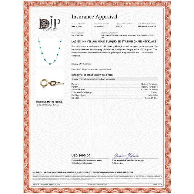 Ladies 14k Yellow Gold Turquoise Station Chain Necklace For Sale In Houston - Image 6 of 6