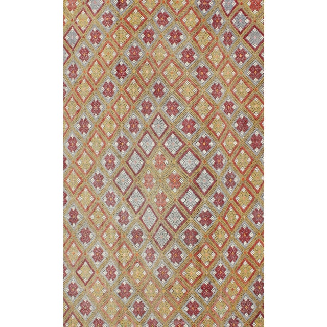 Colorful Vintage Turkish Flat-Weave Embroidered Rug With Geometric Diamond Design For Sale - Image 4 of 13