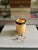 vintage translucent stone garnish server with brass-tone metal accents, raised feet, a handled frame, and coordinating...