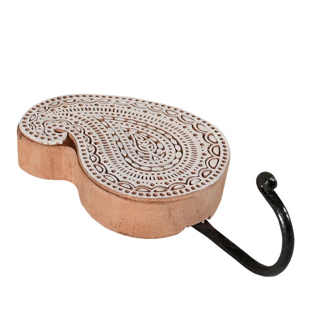 Shabby Chic Rustic White Hand Carved Wood Wall Hook | Shabby Chic Paisley Towel Hanger | Decorative Mudroom Bag Peg | Vintage Farmhouse Bathroom Decor For Sale - Image 3 of 3