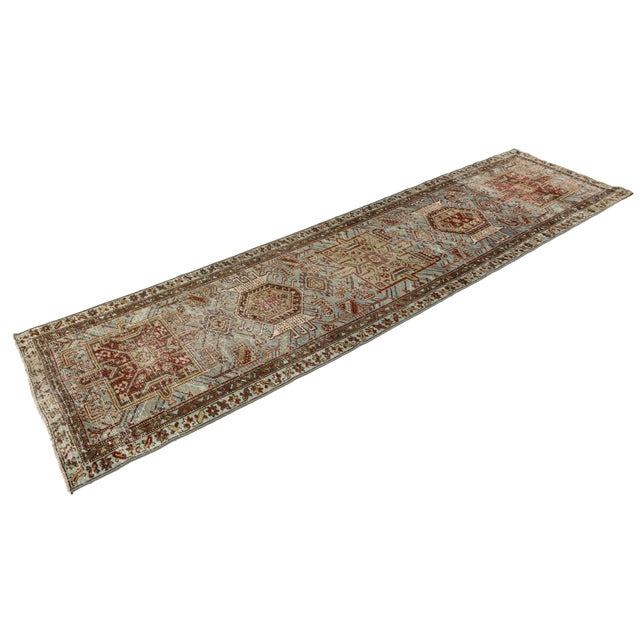 Antique Heriz Serapi Runner Rug, Muted Blue and Sage Wool Corridor Rug For Sale - Image 9 of 9
