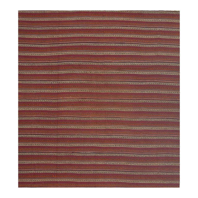 1950s Vintage Multi Red Stripe Modern Flatweave Decorative Turkish Kilim Rug For Sale