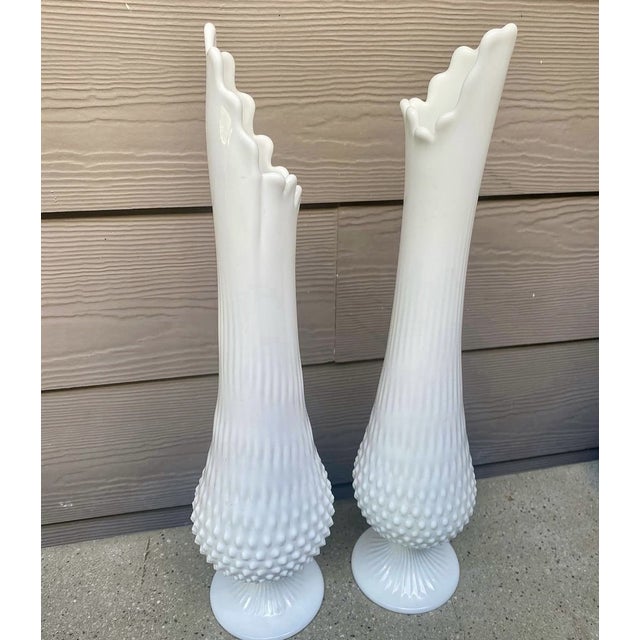 Mid-Century Modern Vintage MCM Fenton Milk Glass White Swung Stretch Vase -Set of 2 For Sale - Image 3 of 7