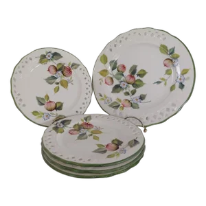 Vintage Italian Ceramic Dinnerware by Brunelli White Pierced Fruit & Flowers Motif, Set of 5