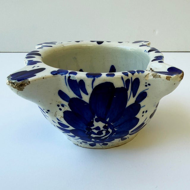 Early 20th Century Antique French Hand-Painted Stoneware Mortar – Blue & White Pottery – Early 20th Century For Sale - Image 5 of 8