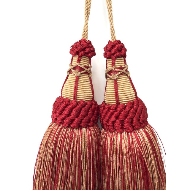 Pair of Key Tassels in Red and Gold With Looped Ruche Trim Chairish