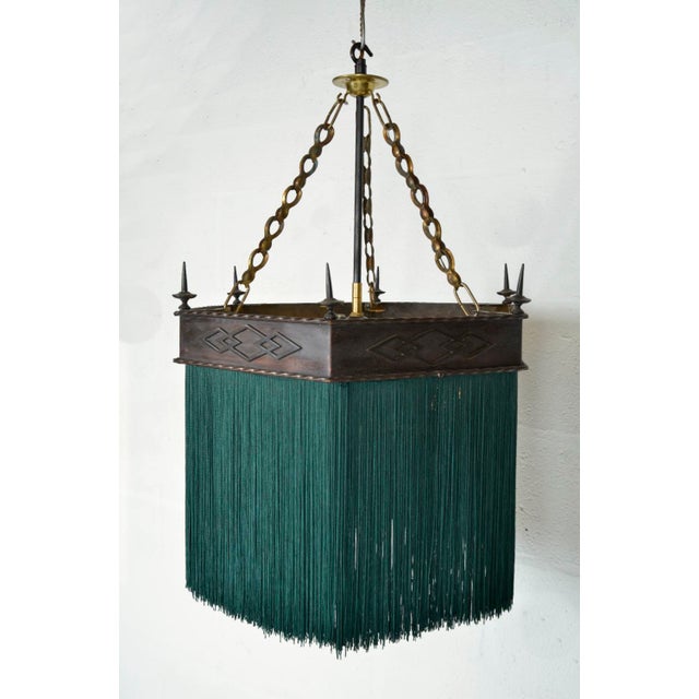 Boho Chic Edwardian Gothic Hexagonal Copper Green Tassel Fringe Chandelier Pendant Light, 1900s For Sale - Image 3 of 15