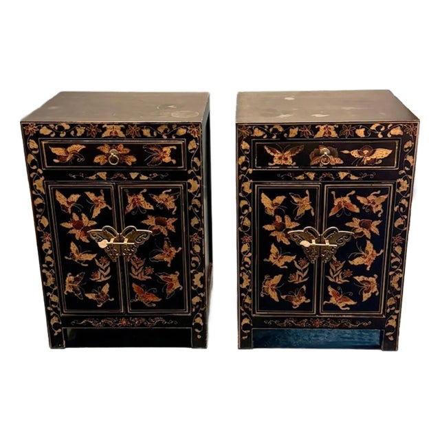 19th Century Pair of Black Lacquered Chests With Gold Leaf Butterfly Pattern For Sale