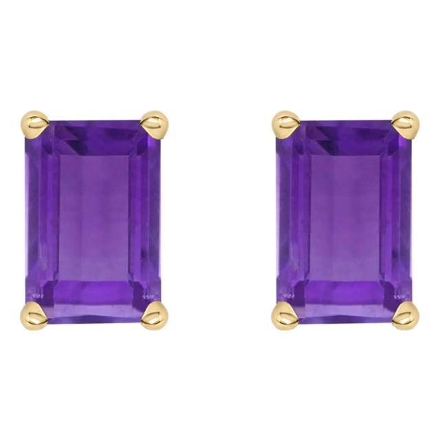 14K Yellow Gold 6x4MM Emerald Shaped Amethyst Solitaire Stud Earrings For Sale