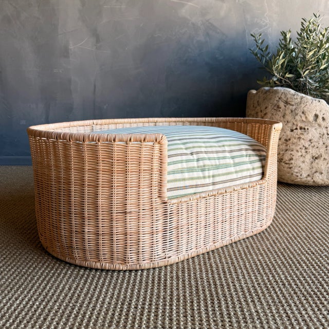 Mid-Century Modern Woven Rattan Pet Bed With Outdoor Stripe Fabric For Sale - Image 3 of 7