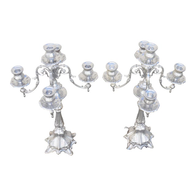 Candleholders Candelabras Pair 5 Cups Each Antique Circa 1950s Made of Pewter Silver Tone Made in Italy No Insignias For Sale