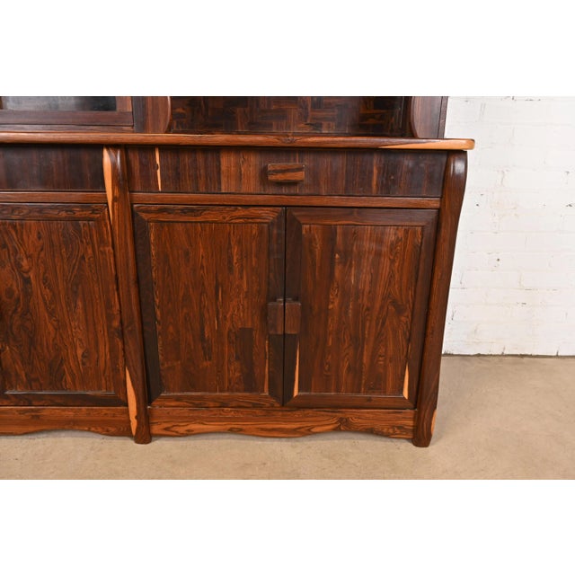 Brown Don Shoemaker Studio Crafted Carved Cocobolo Rosewood Breakfront Bookcase Cabinet, Circa 1970s For Sale - Image 8 of 14