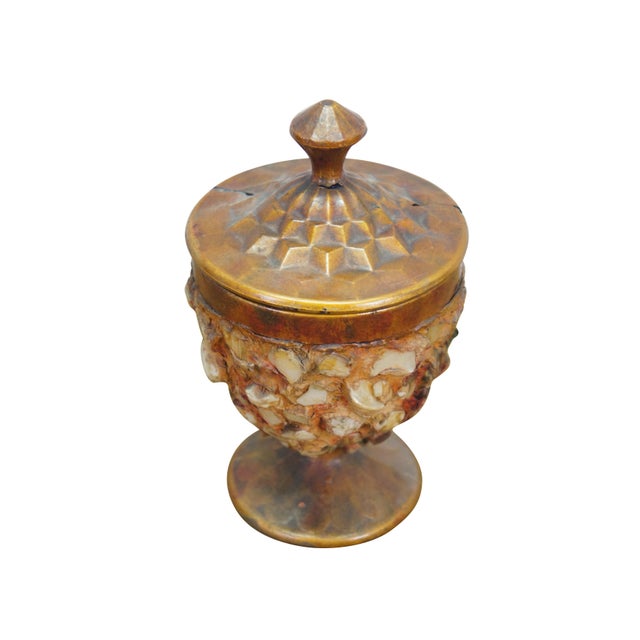 Rustic Vintage Amethyst Glass Bronzed Shell Stone Urns Folk Art Mosaic Lidded Chalices For Sale - Image 3 of 13