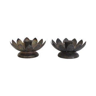Silver-Plated Lotus Candleholders- A Pair For Sale