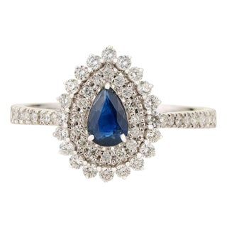 Blue Sapphire & Diamond Halo Vintage Engagement Ring in 18k White Gold Size 5 For Sale