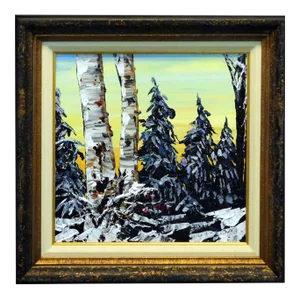 "Petite Winter II" Maya Eventov Expressionist Forest Landscape Oil Painting, Framed