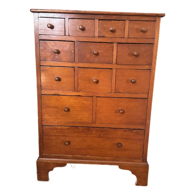 Antique English Country Style 13-Drawer Chest in Warm Wood Finish For Sale