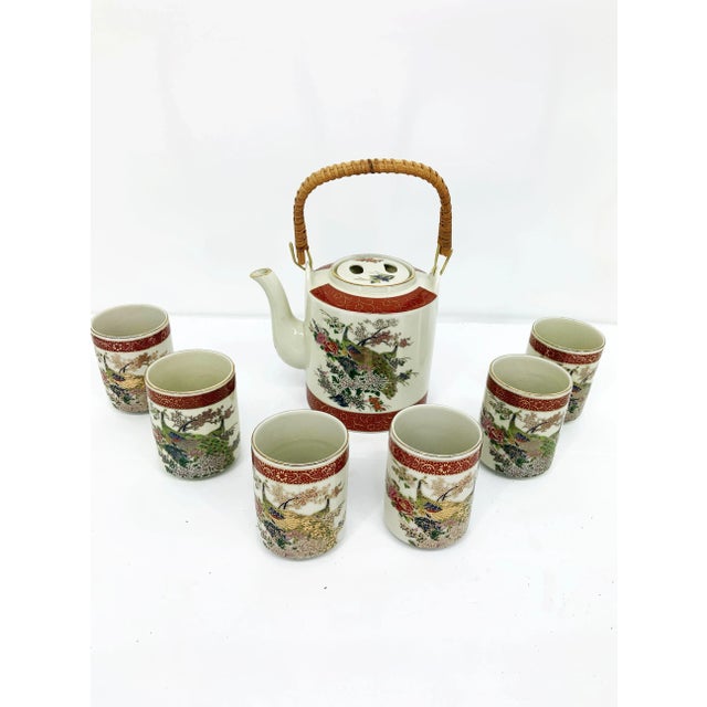 Satsuma Peacock 1979 Teapot and 6 Cups Japan- 8 Pieces For Sale - Image 6 of 6