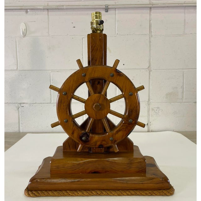 Brown Vintage 1970s Nautical Ships Wheel Wood Table Lamp For Sale - Image 8 of 8