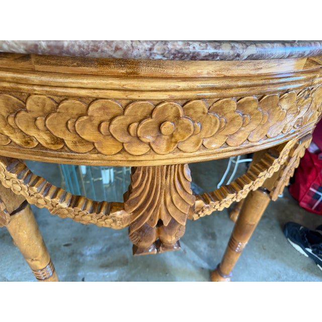 Vintage Hollywood Regency Louis XVI Style Carved Wood Demilune Console Table With Pink Marble Top For Sale - Image 4 of 4