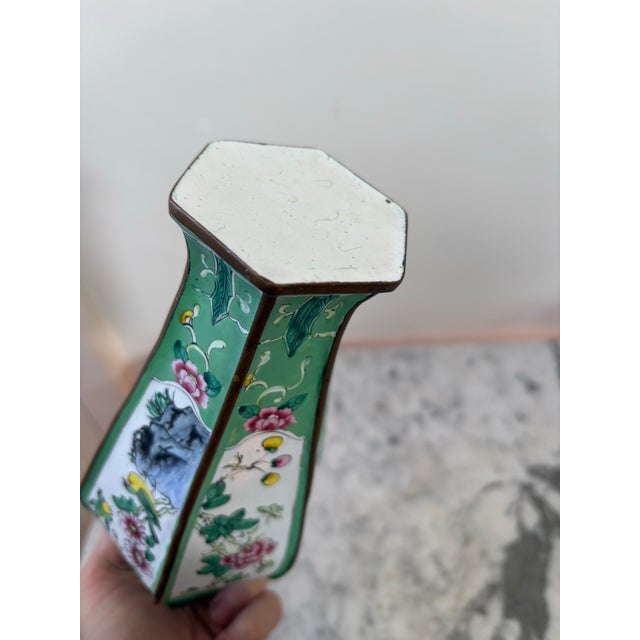 Chinese Chinese Canton Enamel Copper Hexagonal Vase With Bird and Floral Decorations For Sale - Image 3 of 5
