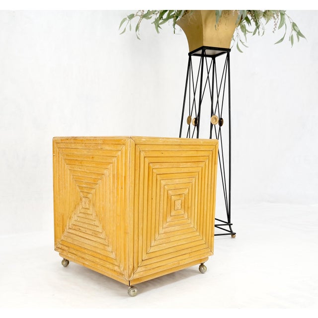 Wood Mid-Century Modern Reed Bamboo Rattan Square Cube Shape Planter Stand on Wheels For Sale - Image 7 of 12