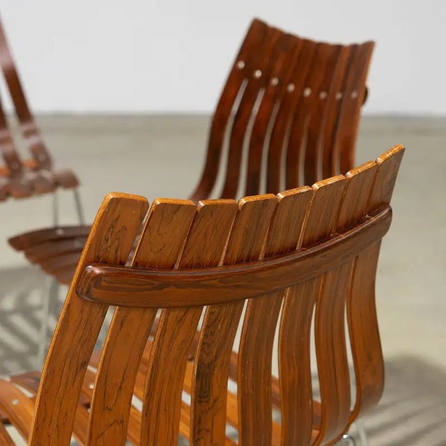 Stunning set of bentwood dining chairs by Hans Brattrud for Hove Mobler, Norway—retaining paper manufacturer’s label to...