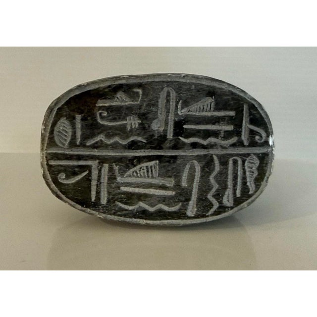 Pair Vintage Egyptian Revival Hand Carved Soap Stone Scarab Figurines With Hieroglyphics For Sale - Image 9 of 12