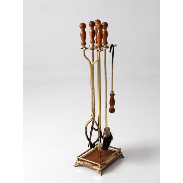 Brass Vintage Hollywood Regency Brass Fireplace Tools Set With Wood Handles For Sale - Image 8 of 18