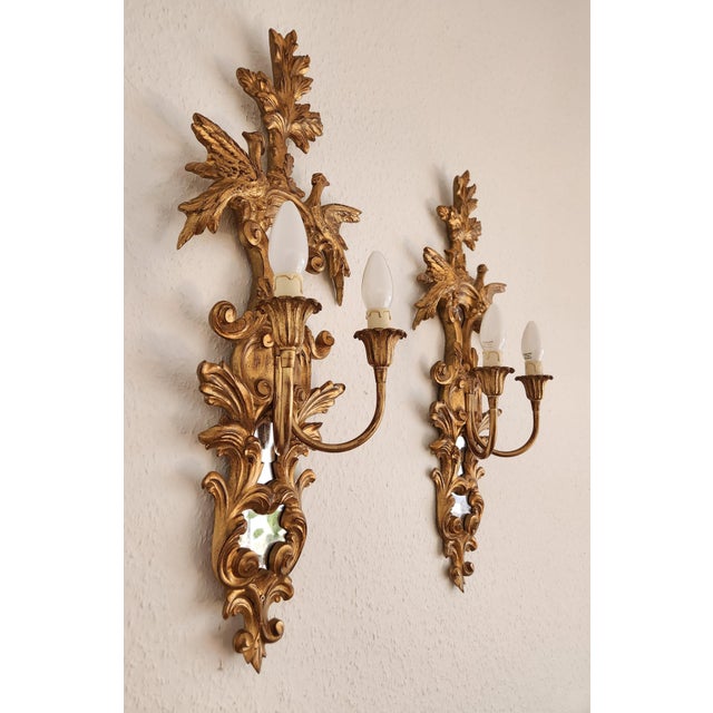 Wood Louis XVI Neo-Classical Rocaille Wall Lamps with Gilded Carved Appliqués and Mirrored Glass, 1890s For Sale - Image 7 of 18